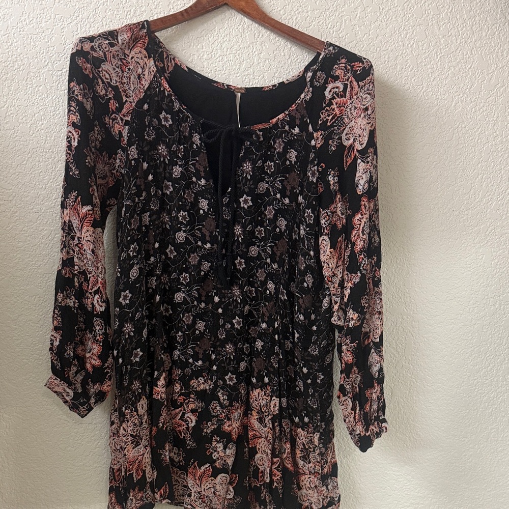 Free People Floral Black and Pink Long Sleeve Small Dress